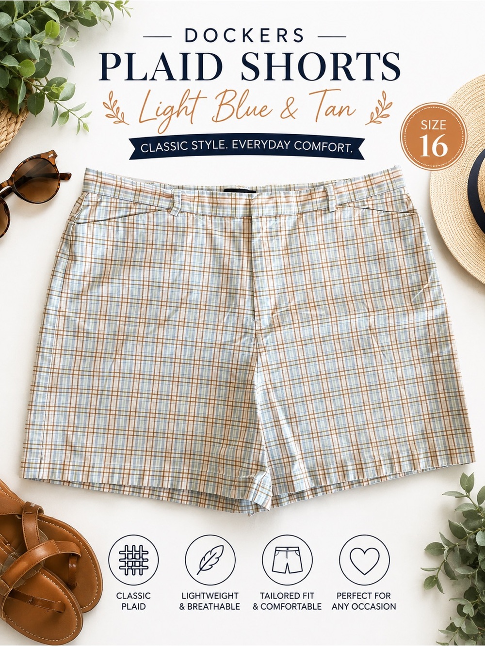 Women’s Dockers  Plaid Shorts in Light Blue & Tan Size 16
